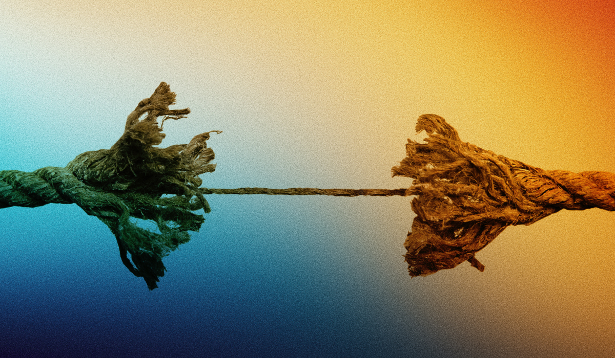 Image of a rope fraying with a small thread connecting the two sides