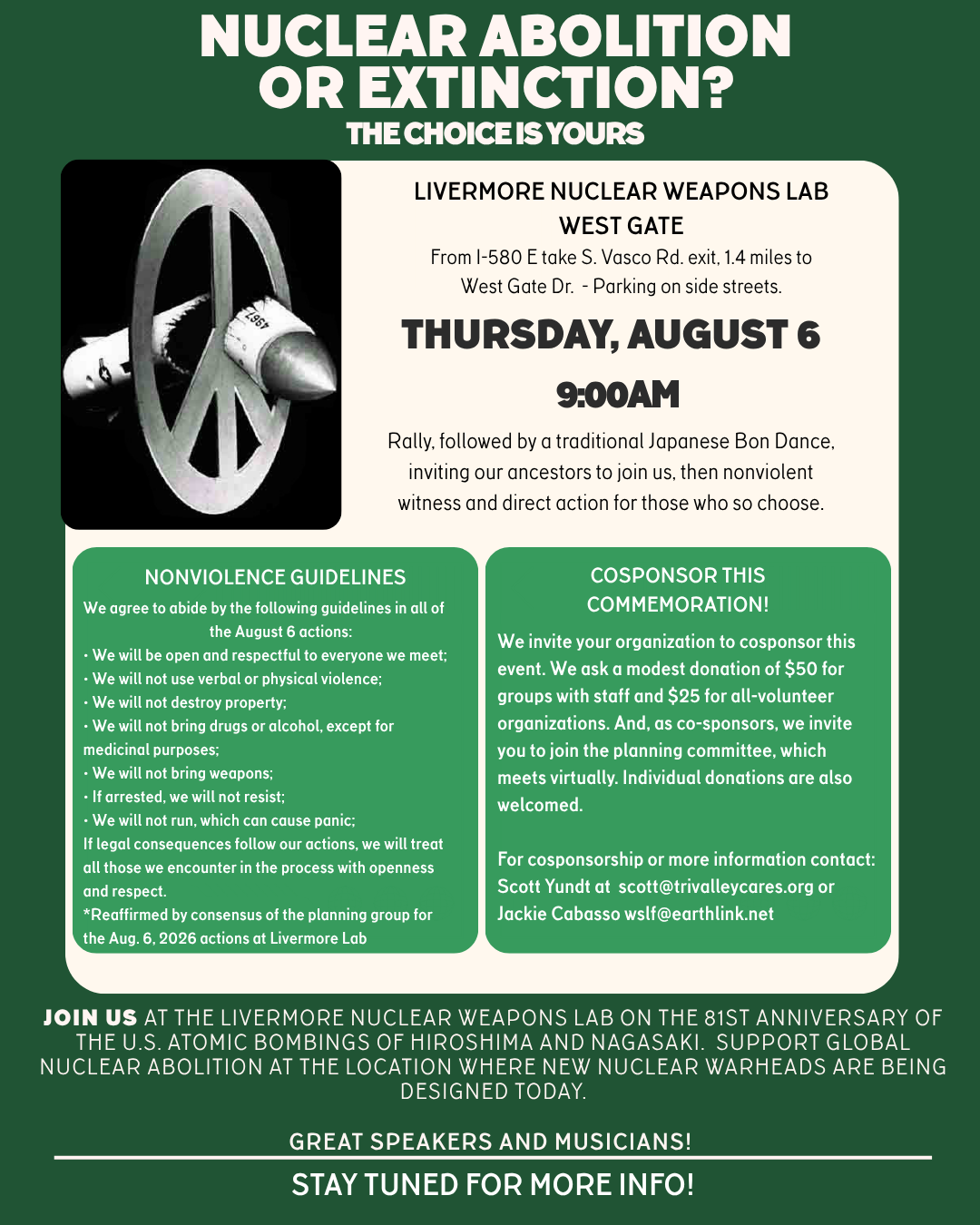 Event flyer for a noon-time vigil on August 6 from 11:30am to 1:30pm at the Old State House Square in Hartford, CT